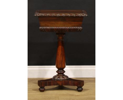 A George/William IV rosewood teapoy, hinged cover enclosing a caddy fitted interior, baluster column, egg-and-dart socle, inc