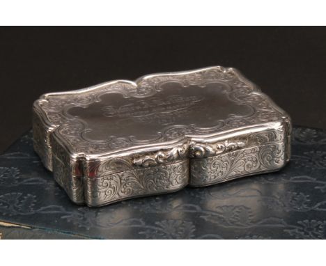 Nathaniel Mills - a large Victorian silver shaped rectangular table snuff box, hinged cover, the border, sides and base engra