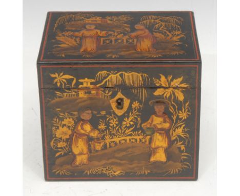 A 19th century chinoiserie and japanned tea caddy, the hinged cover depicting two scholars applied in low relief in a garden 