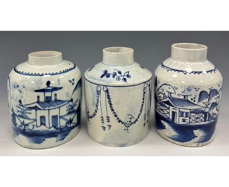 18th century English pearlware tea caddies including a caddy, painted pagodas in formal gardens, c.1780, 10cm high; others (3