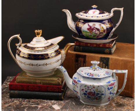 A New Hall teapot and stand hand decorated, pattern number, 1277, including bat print, c.1815; Worcester teapot and cover, c.