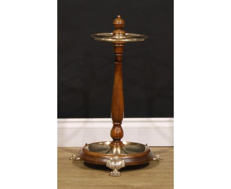 A 19th century design walnut and brass-mounted walking stick stand, turned baluster column, quartered circular brass rail and