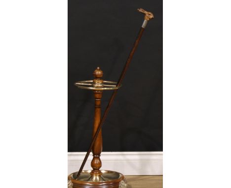 A George V silver collar walking stick, the boxwood handle as a hare's head, glass eyes, oak cane, 88.5cm long, Chester 1924