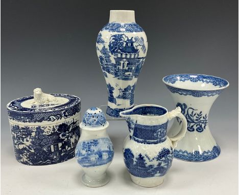 19th century blue and white pearlware, transfer printed including an oval tea caddy, recumbent lion finial, 13cm high, blue a