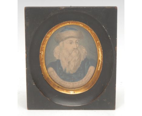 A 19th century portrait miniature, of a 17th century German aristocrat, the motto including the words 'Justice and Freedom,' 