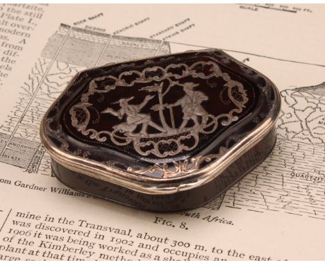 A late 17th/early 18th century silver mounted tortoiseshell and pique snuff box, hinged cover inlaid with figures in a landsc