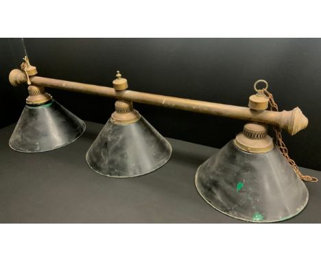 A Victorian brass three light snooker or pool table lighting bar, enamel shades, the bar 125cm long, 19th/20th century