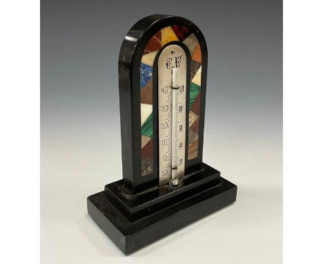 A Derbyshire Ashford marble mercury desk thermometer, the dial with the initials EF within an inlaid border of malachite, ony