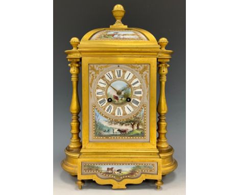 A 19th century French ormolu and porcelain dome topped mantel clock, architectural case inset with pastoral porcelain panels,