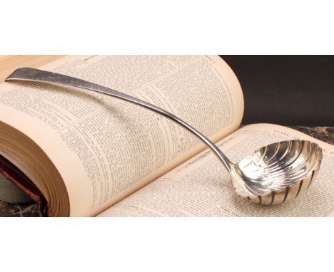 A George III Irish silver Old English pattern soup ladle, shell bowl, 33cm long, Michael Keating, Dublin c.1770, 172g