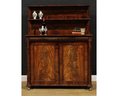 An early Victorian mahogany chiffonier, the superstructure with two shelves, rectangular top above a pair of frieze drawers a