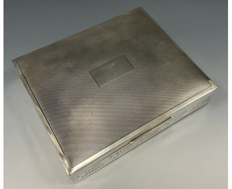 A 20th century silver cigarette case, engine turned lid, engraved M Symington 1972, R Spurr, J Latimer, R Brown, J Dunn, A Wa