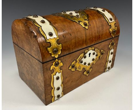 A Victorian burr walnut domed two section tea caddy, ivorine and brass studded mounts, 16.5cm x 24cm x 13.5cm
