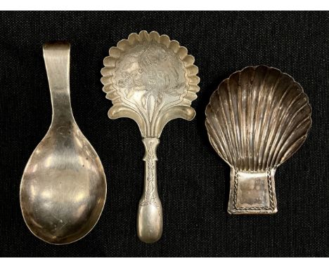 A George III silver caddy spoon, engraved with wrigglework, 8.5cm long, John Bettridge, Birmingham 1826; another, quite plain