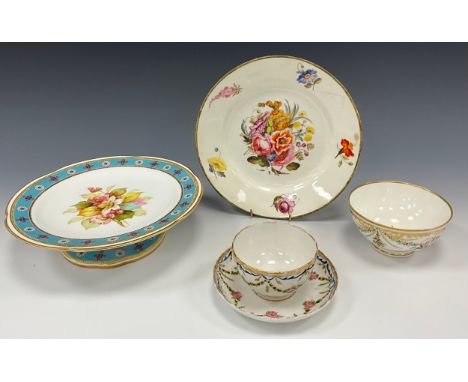 A 18th century Pinxton, pattern 225 tea bowl and saucer, c.1795; Duesbury painted bowl in Neo Classical taste with urns, past