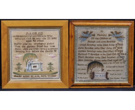 A Victorian woolwork pictorial sampler, Sacred to the memory of Ann Silcock […], signed Mary Ann Blair, 40cm x 38cm; another,
