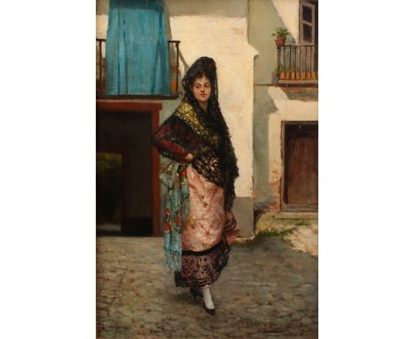 Spanish School (19th century) Portrait of a Senorita signed, dated 1877, oil on canvas, 39.5cm x 25cm