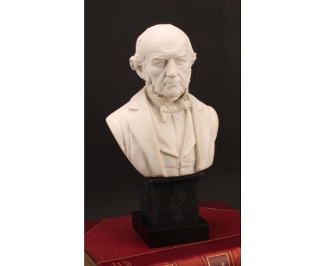 A 19th century parian ware portrait bust, of the Rt Hon William Ewart Gladstone MP (1809 - 1898), titled to verso, black marb