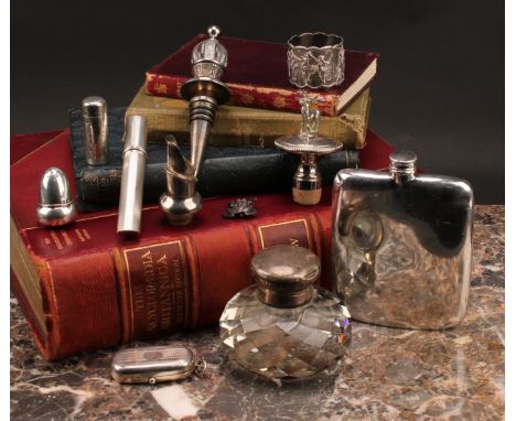 An Edwardian silver mounted facetted compressed globular inkwell, 9cm diam, Chester c.1905; a Victorian scent bottle, Birming