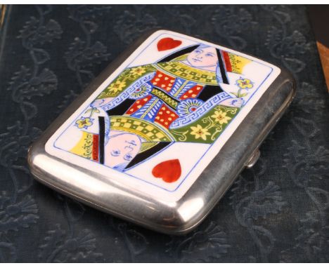 A Victorian silver and enamel rounded rectangular novelty card case, decorated in polychrome with a playing card, the Queen o