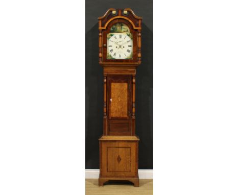 A George IV oak, mahogany and rosewood longcase clock, 30.5cm arched enamel dial inscribed Walker., Birmingham, Roman numeral