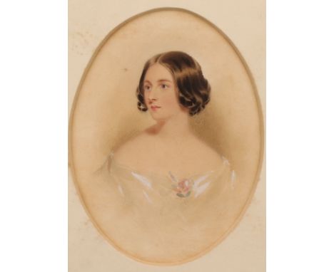 English School (19th century) Portrait Bust of Miss Martin unsigned, label to verso, oval watercolour, 13cm x 9.5cm
