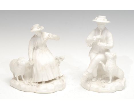 A pair of Rockingham biscuit figures, of a boy playing a flute seated beside a dog and a seated girl feeding a sheep, 18.5cm 