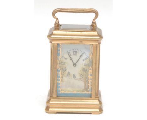 A Continental brass and ceramic miniature carriage clock, the panels hand painted with maidens in rural settings and picked o