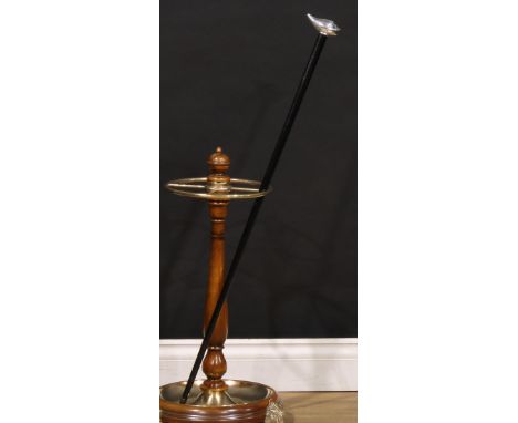 A Victorian Brigg type silver mounted walking stick, the handle cast as a dolphin, ebonised cane, 89cm long overall, London 1