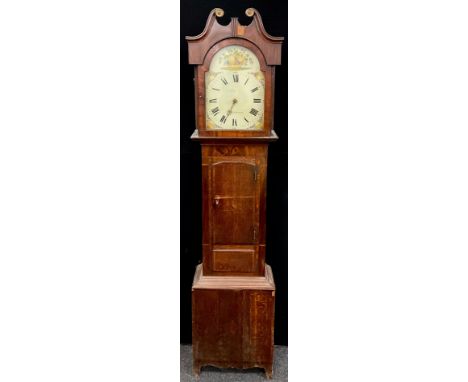 A 19th century mahogany and oak cased 30 hour longcase clock, painted dial with basket of fruit with pear, cherries, gooseber