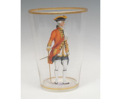 A 19th century glass and enamel tapered vase, gilt rim above a hand-painted portrait of an 18th century British Red Coat sold