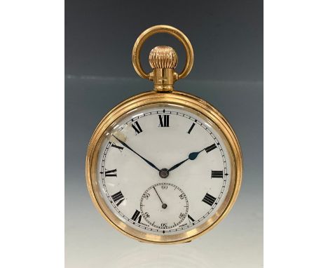 A George V 9ct gold pocket watch, white enamel dial, bold Roman numerals, subsidiary seconds, blue hands, stem wind movement,