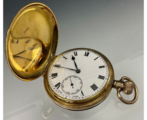 A George V 9ct gold hunter cased pocket watch, white enamel dial, Roman numerals, subsidiary seconds, minute track, stem wind