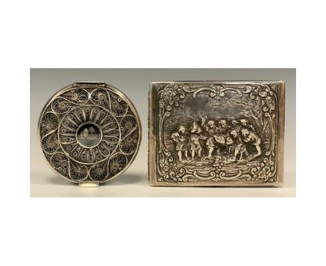 A German 800 silver card case/snuff box embossed with a corporal punishment scene, gilt interior, Adam Manns &amp; Sohn, mark