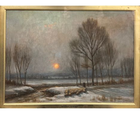 Owen Baxter Morgan (fl.1905-1932) A Shepherd and his flock at sunset signed, oil on canvas, 41cm x 56cm.