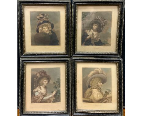 Francesco Bartolozzi (1727-1815), a set of four, The Four Seasons, Coloured Mezzotint Engravings, each measuring 17cm x 14.5c