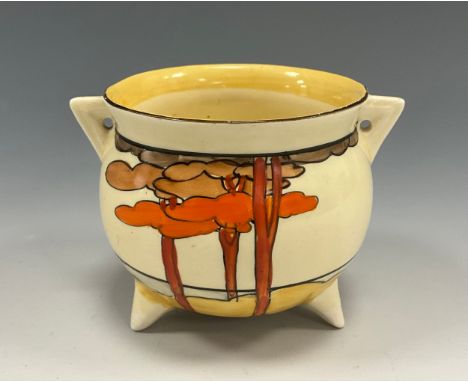 A Clarice Cliff Bizarre Coral Firs pattern cauldron vase, painted with orange trees, angular lug handles, 7.5cm high, Newport