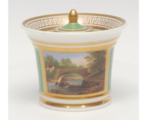 A Chamberlain Worcester named view circular inkwell, with cover and liner, painted with Bridge at Rahyadergwy on the River Wy