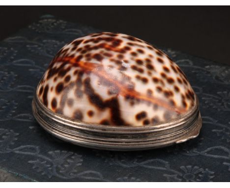 A George III silver mounted cowrie shell snuff box, hinged cover, gilt interior, 8cm long, maker's mark only, FC, c.1780