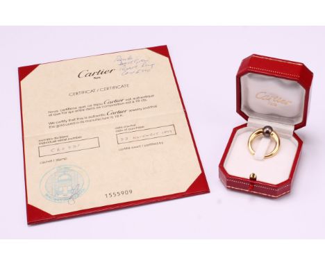 Cartier - a pearl ring, tapering polished shank with single grey cultured pearl, size K, faint French purity marks, marked Ca