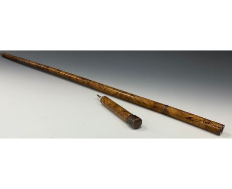 A Victorian novelty three piece walking stick, as a writing pen, the copper pommel enclosing an inkwell, above a threaded sha