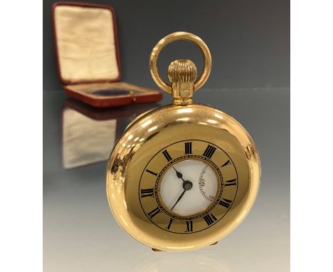 A J W Benson 9ct gold half Hunter pocket watch, white dial, bold Roman numerals, subsidiary seconds, blue hands, Swiss stem w