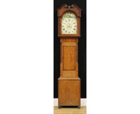A George III mahogany crossbanded oak longcase clock, 35.5cm arched painted dial inscribed E Matthews, Welchpool (Welshpool),
