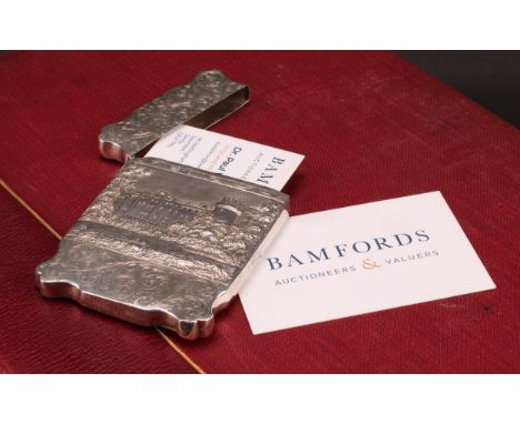 An early Victorian silver shaped rectangular castle top card case, depicting  Kenilworth and Warwick Castles, hinged cover, 9