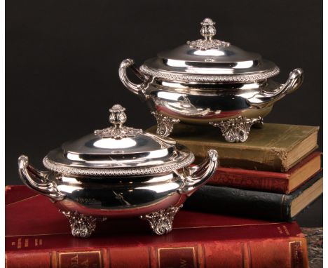 Paul Storr - a pair of George IV silver oval sauce tureens and covers, acanthus bud finials, gadrooned borders, cast shell an