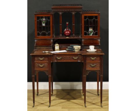 A late Victorian mahogany connoisseur’s writing desk, by Edwards &amp; Roberts (fl.1845-1899), stamped, architectural superst