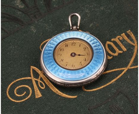 A late 19th century Continental silver and turquoise blue engine turned enamel miniature pocket watch, gilded dial with Arabi