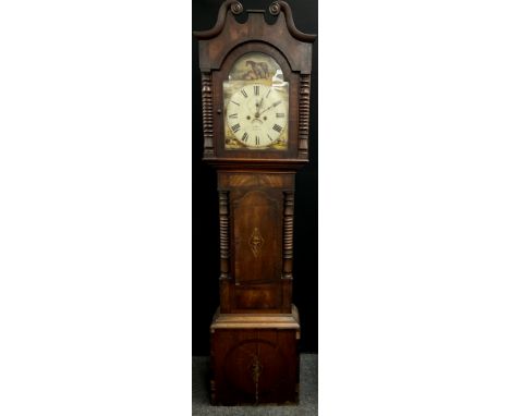 A William IV mahogany longcase clock, arched painted dial, 33cm, marquetry inlay detail, roman numerals, subsidiary seconds a