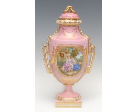 A Coalport porcelain pedestal urnular two handled vase and cover, finely painted in the Watteauesque taste with courting coup