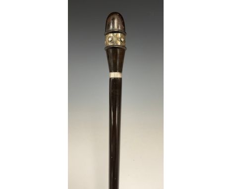 A 19th century Austrian walking stick, the brass mounted pommel inlaid with mother of pearl within geometric borders in the S